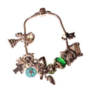 Euro Style Silver Toned Charm Bracelet 16 Charms Wedding Hearts 7.75 in